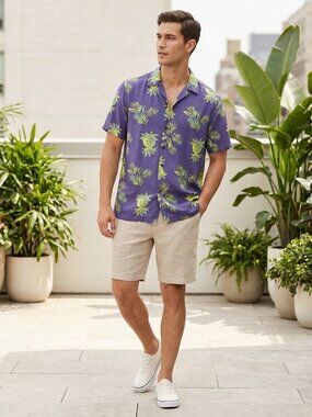 Joe Fresh Hawaiian Shirt Blue Pineapple Tropical Viscose Short Sleeve Small